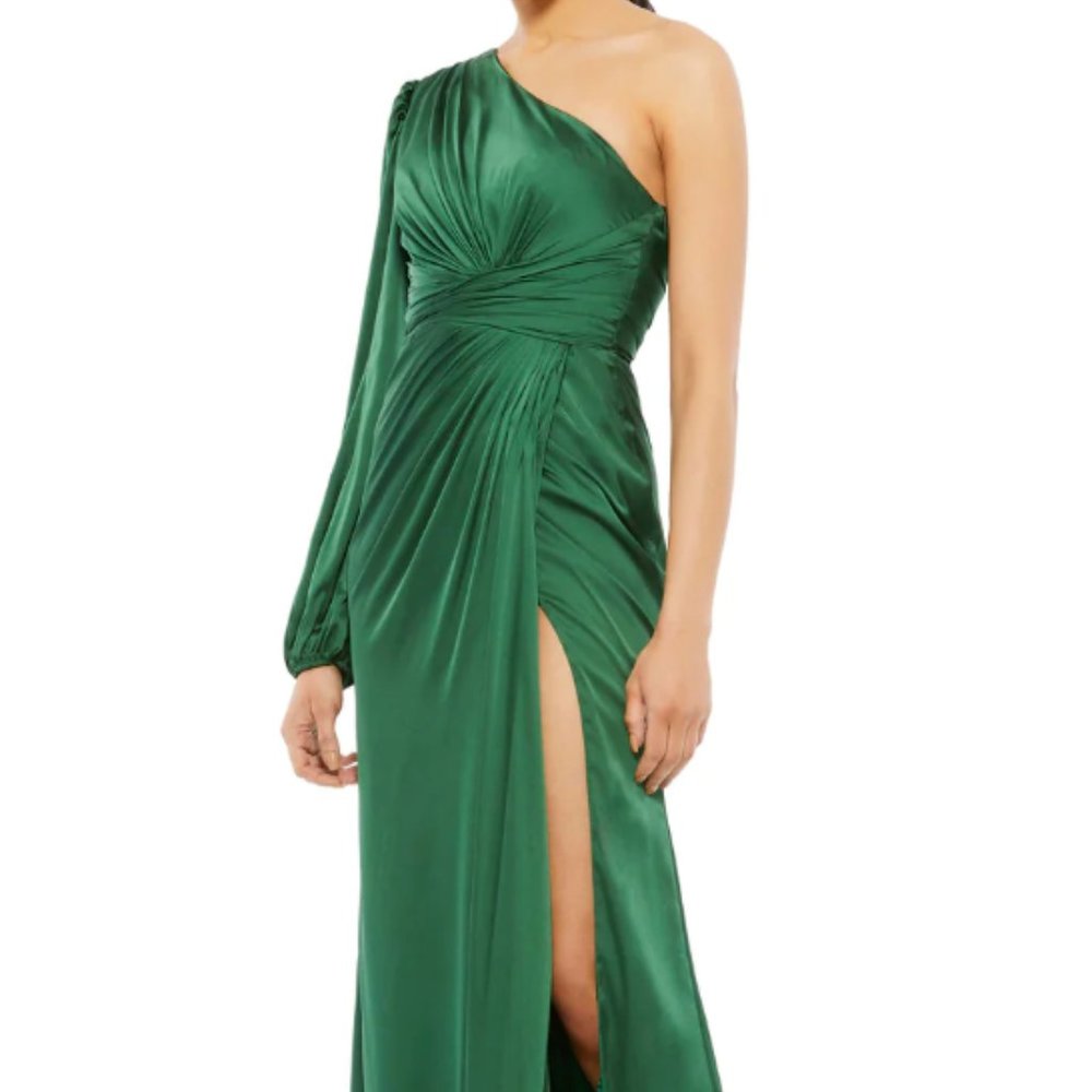 MAC DUGGAL 11251 ONE SHOULDER LONG SLEEVE DRAPED CHARMEUSE EMERALD GREEN sz 4